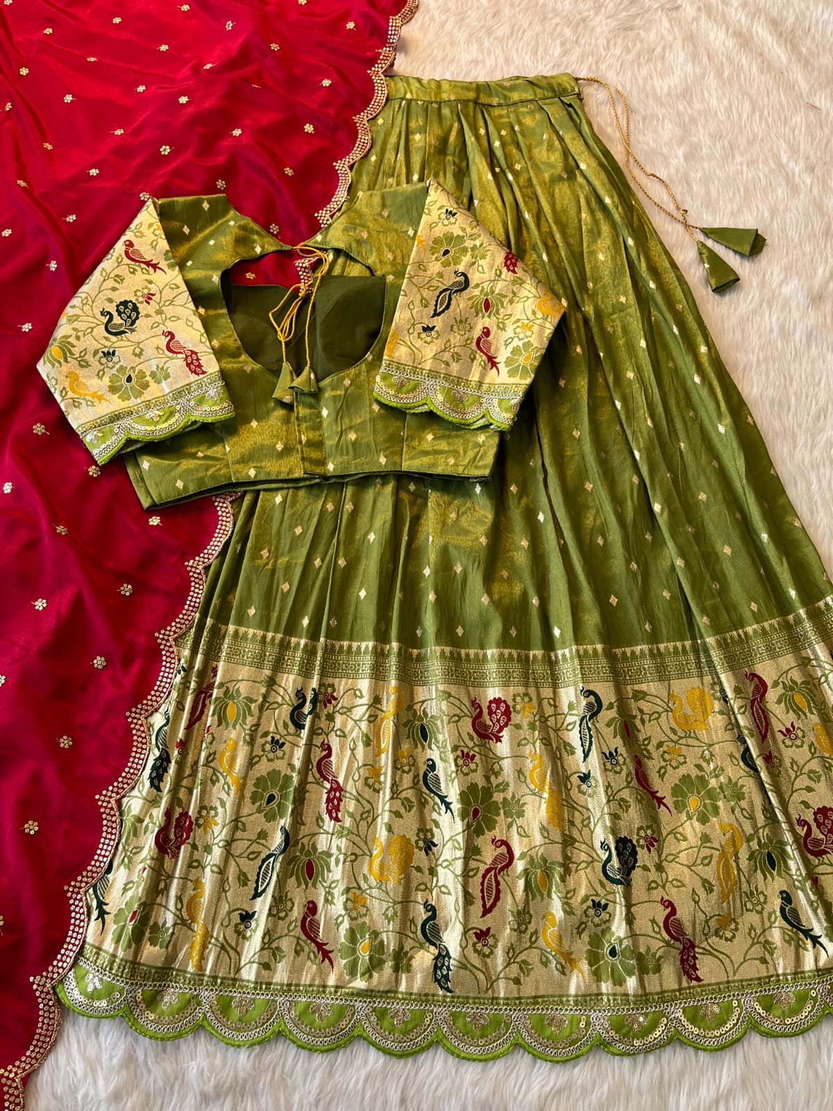 Lehenga Choli with Peacock & Floral Weaving + Heavy Dupatta