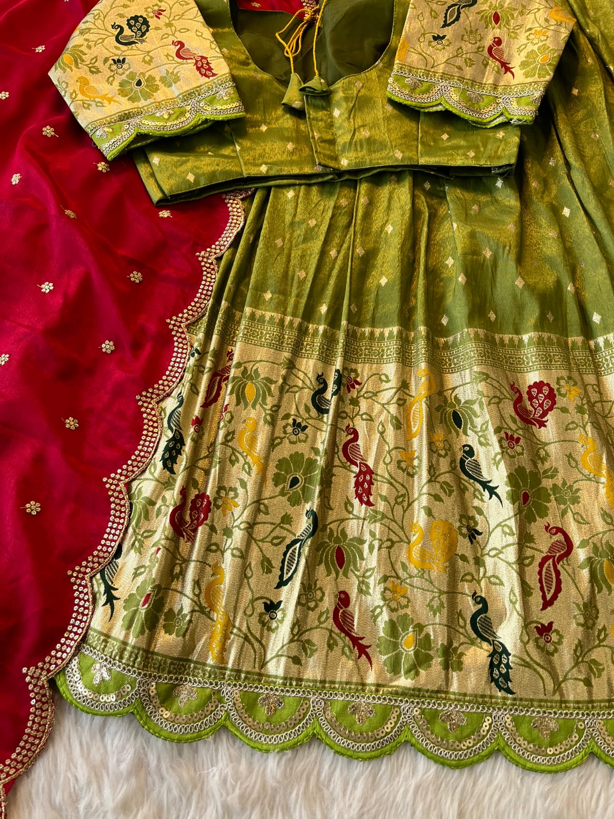 Lehenga Choli with Peacock & Floral Weaving + Heavy Dupatta