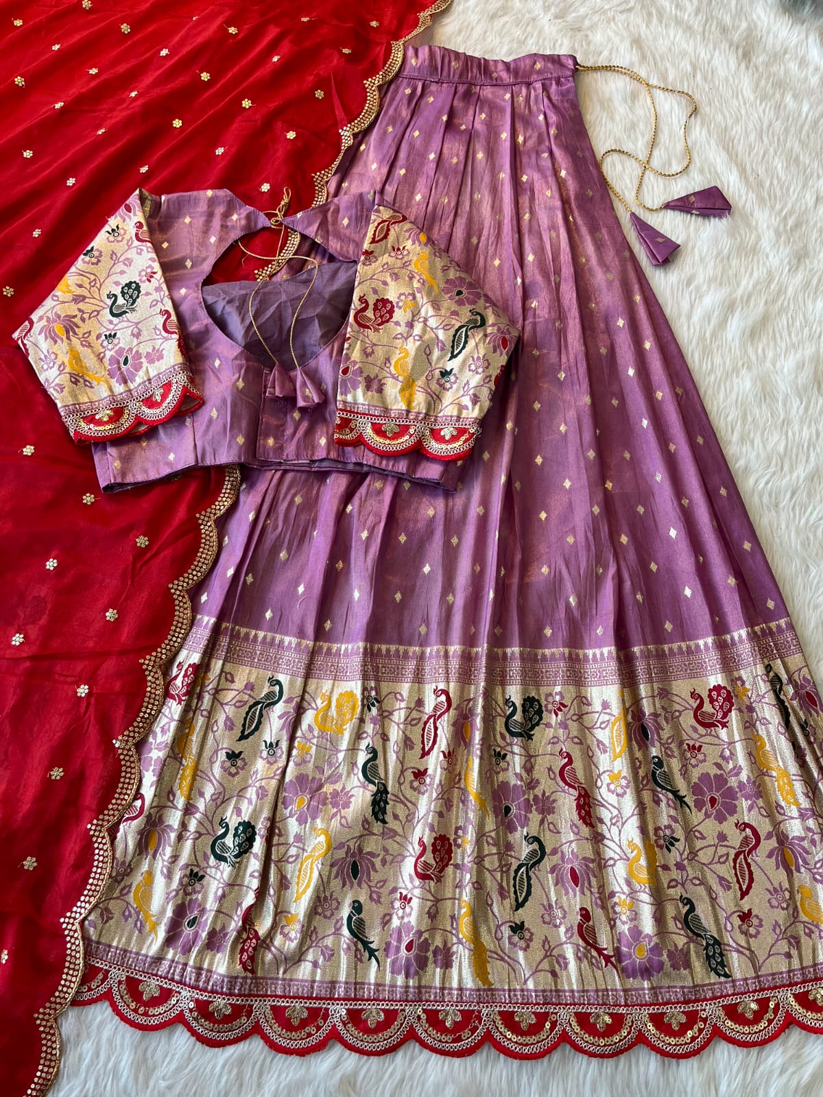 Lehenga Choli with Peacock & Floral Weaving + Heavy Dupatta