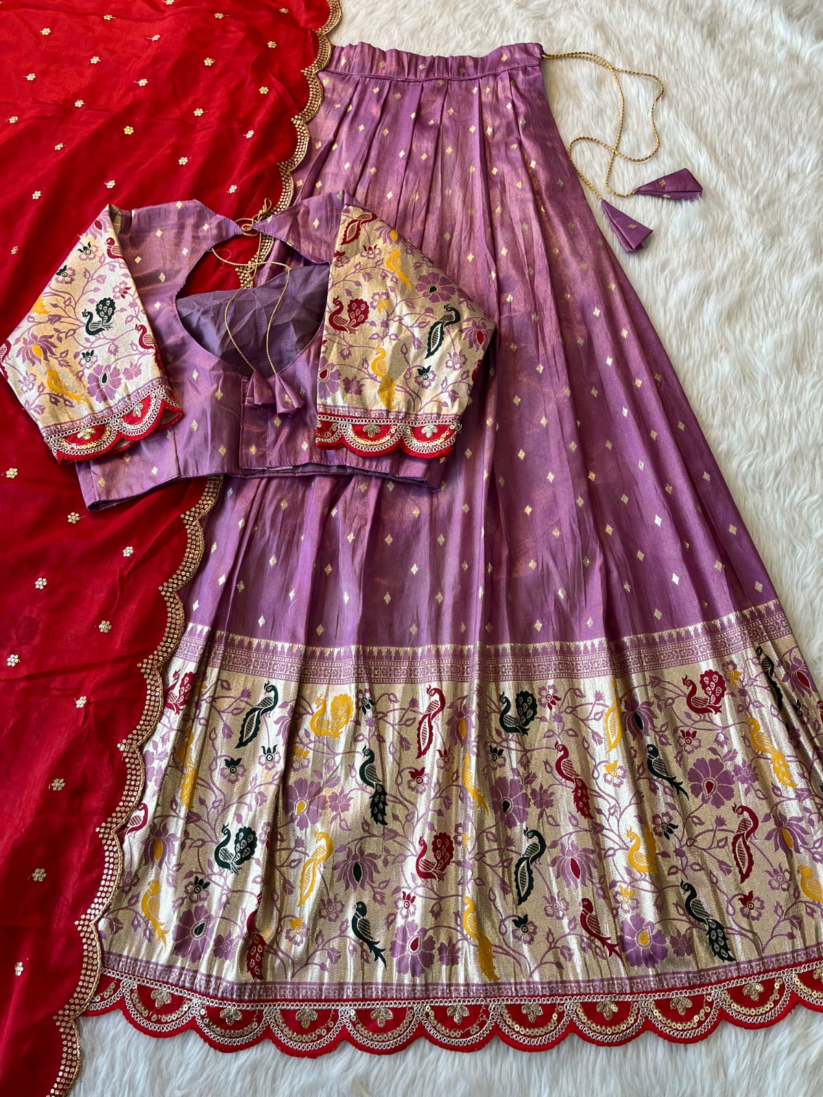Lehenga Choli with Peacock & Floral Weaving + Heavy Dupatta