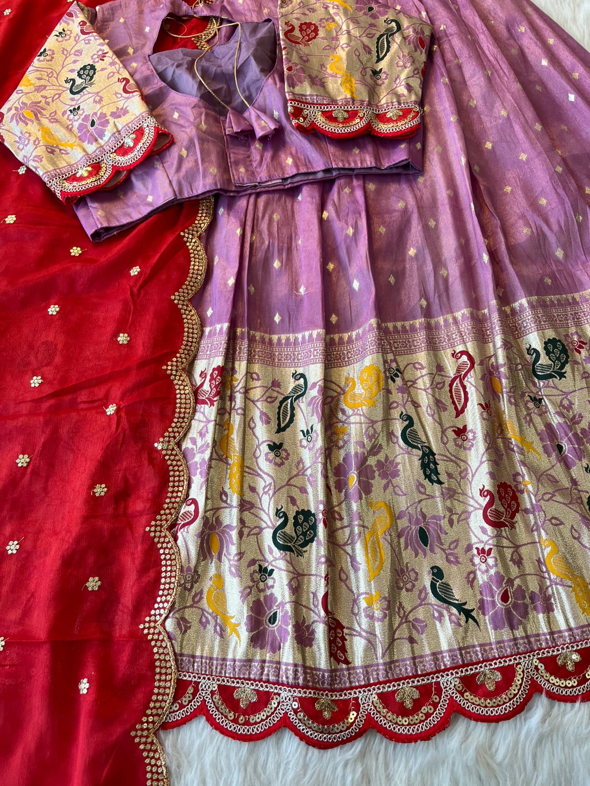 Lehenga Choli with Peacock & Floral Weaving + Heavy Dupatta