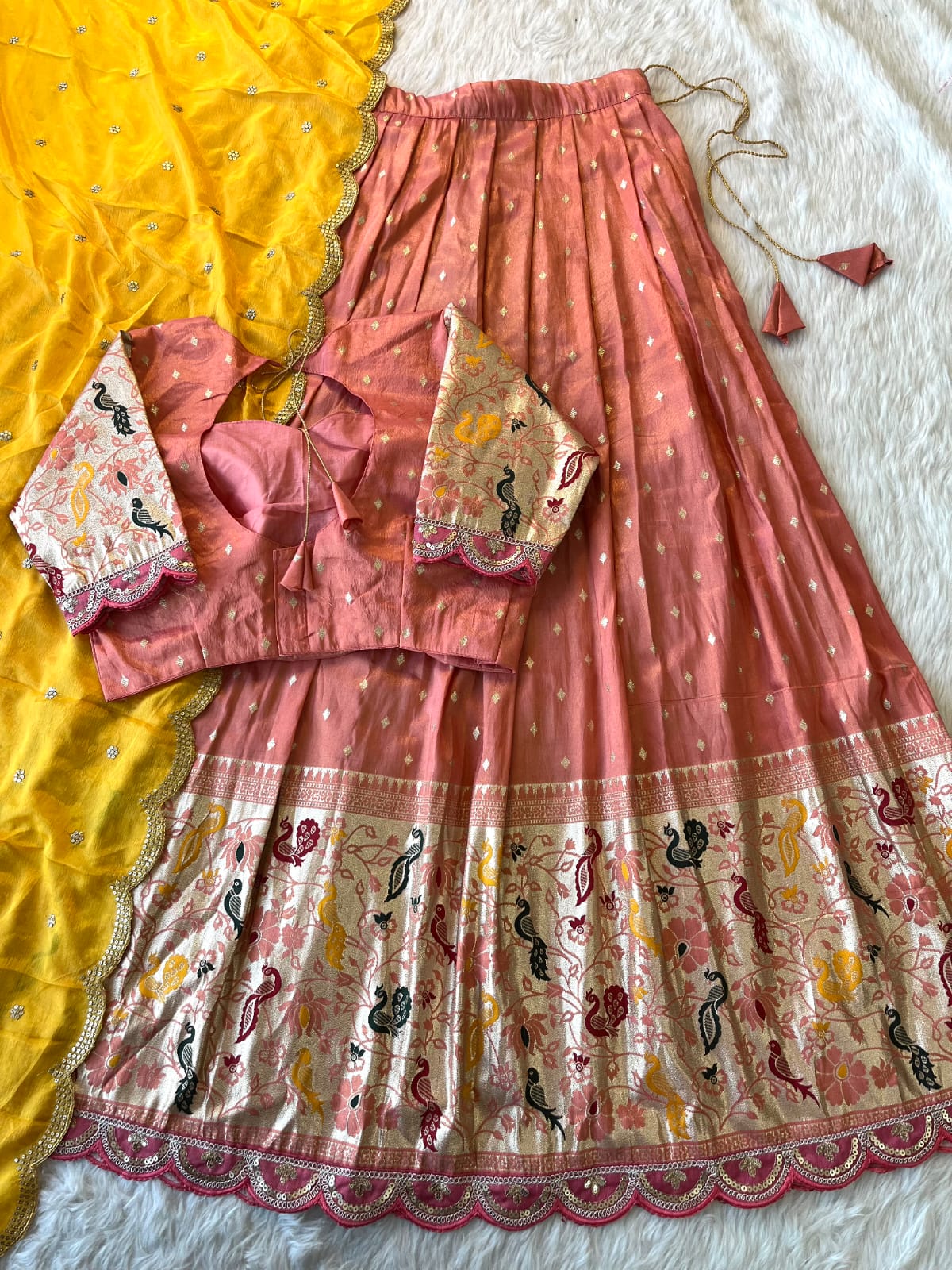 Lehenga Choli with Peacock & Floral Weaving + Heavy Dupatta