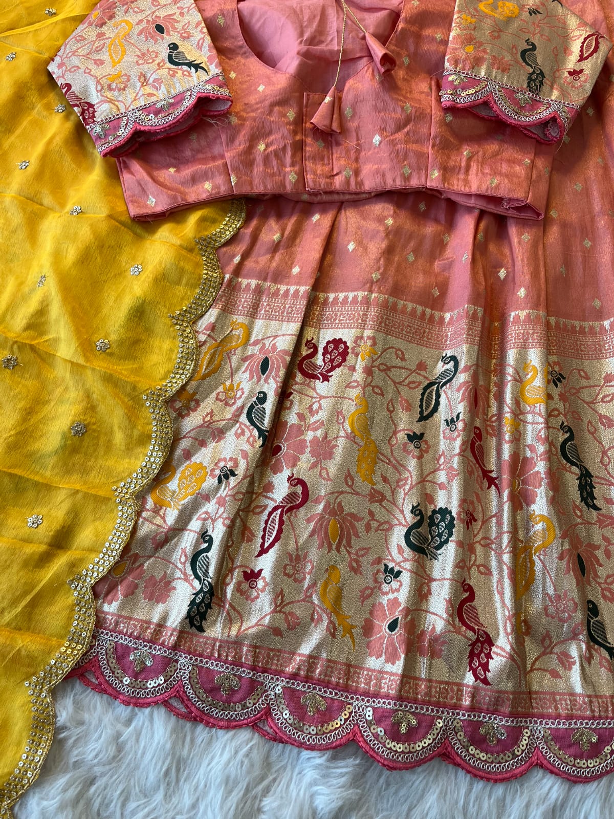 Lehenga Choli with Peacock & Floral Weaving + Heavy Dupatta
