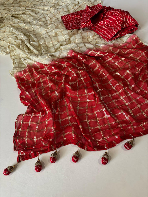 Pure Georgette Bandhani saree with stitched blosue