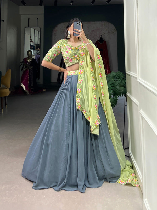 Soft Glamour in Gray and Pista Lehenga