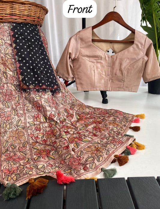 Bandhani print tussar saree with stitched blouse