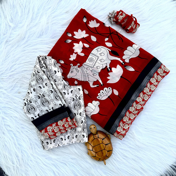 Mul mul cotton Pichwai saree with stitched blouse