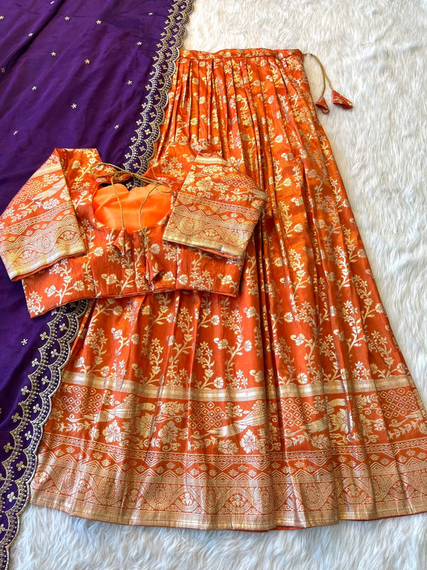 Rust Orange Tissue Trendy Lehengas