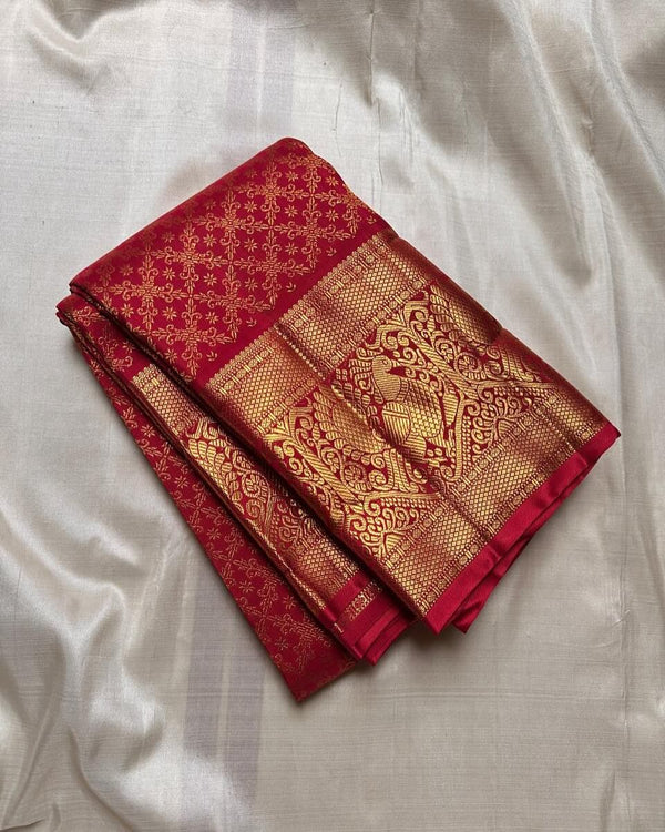 Sumptuous Red Soft Banarasi Silk Saree With Imaginative Blouse Piece