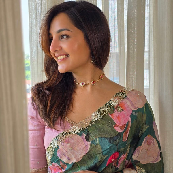 Pure Chinon Flower Khadi work saree with stitched blouse