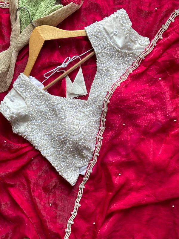 Premium Luxe Handwork saree with Pearl Blouse stitched saree