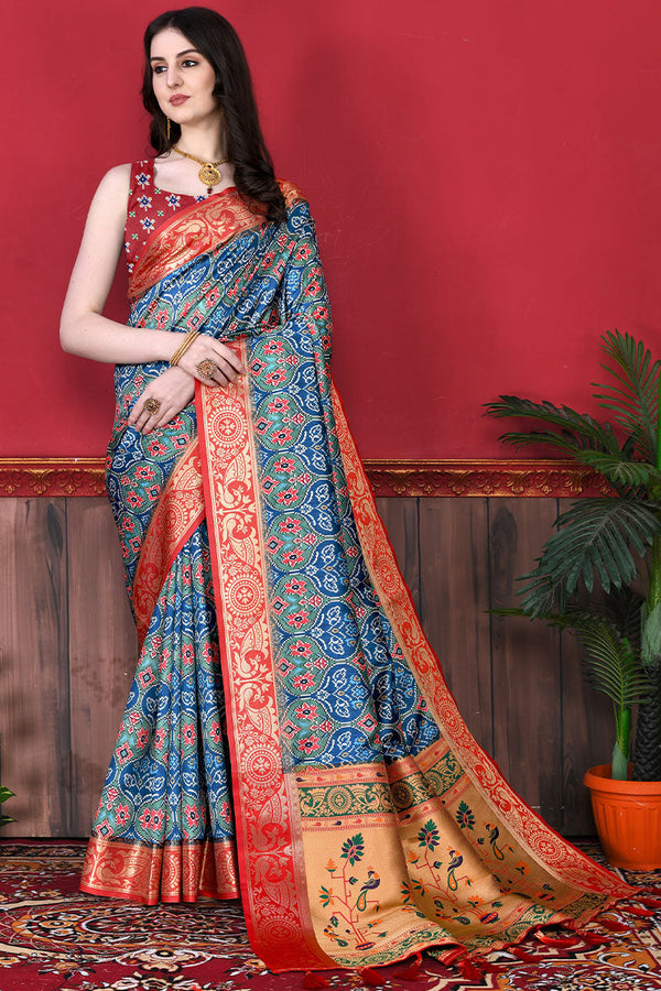 Serendipity Firozi Patola Silk Saree with Forbearance Blouse Piece