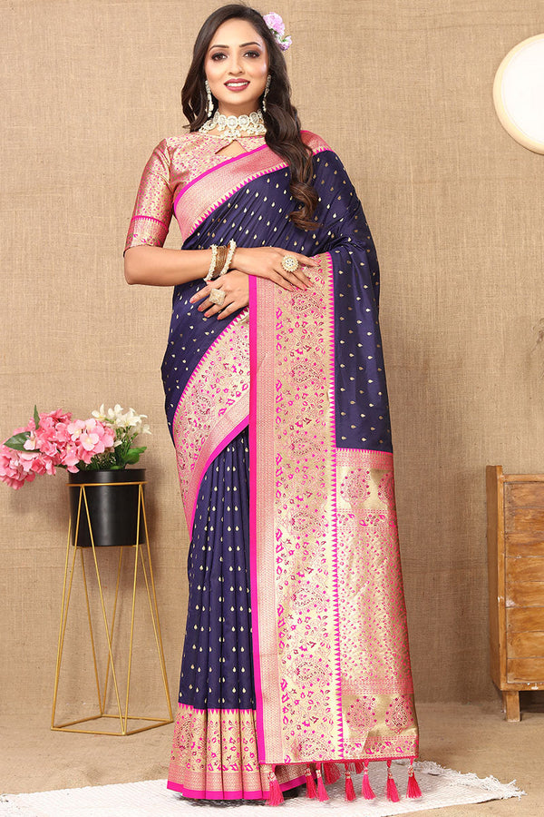 Chatoyant Navy Blue Soft Banarasi Silk Saree With Angelic Blouse Piece