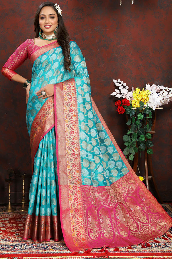 Surreptitious Firozi Soft Banarasi Silk Saree With Felicitous Blouse Piece