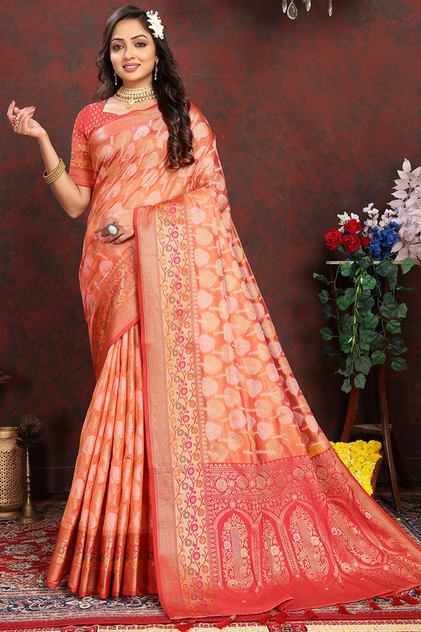 Snappy Orange Soft Banarasi Silk Saree With Improbable Blouse Piece