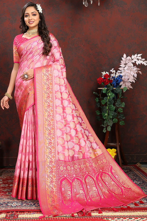 Allure Dark Pink Soft Banarasi Silk Saree With Zephyr  Blouse Piece