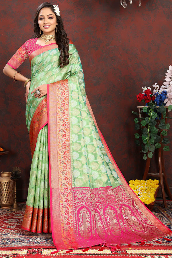 Lustrous Pista Soft Banarasi Silk Saree With Enamoring Blouse Piece