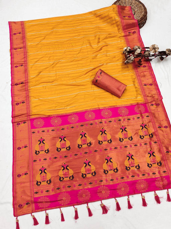 Transcendent Yellow Paithani Silk Saree With Enigmatic Blouse Piece