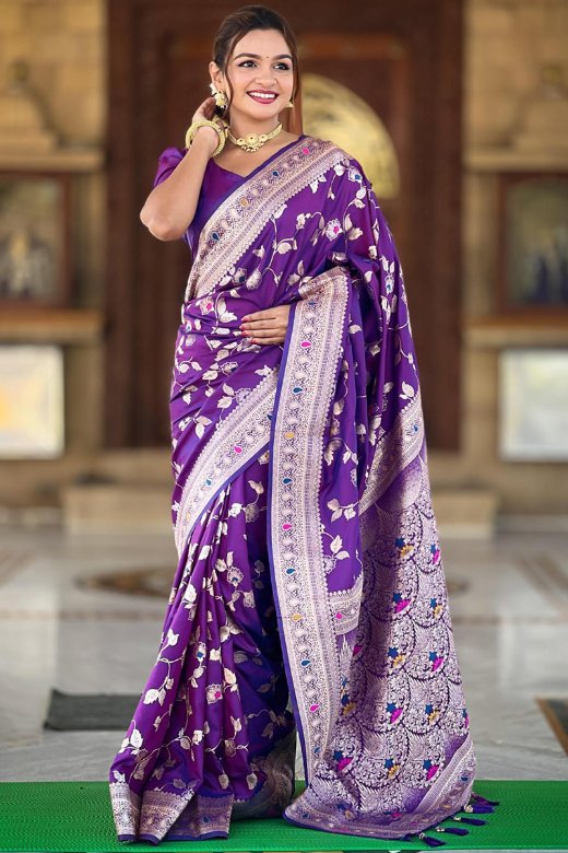 Piquant Royal Purple Soft Banarasi Silk Saree With Effulgent Blouse Piece