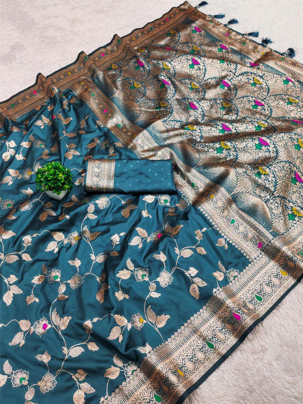 Ineffable Teal Blue Soft Banarasi Silk Saree With Zephyr Blouse Piece