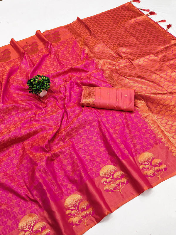 Symmetrical Dark Pink Soft Banarasi Silk Saree With Serendipity Blouse Piece