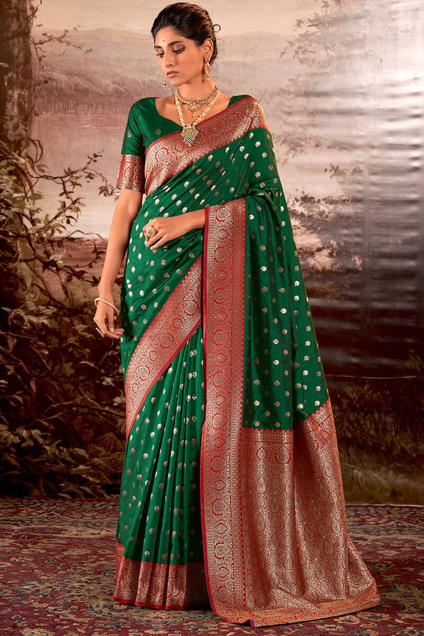 Blissful Dark Green Soft Banarasi Silk Saree With Inspiring Blouse Piece