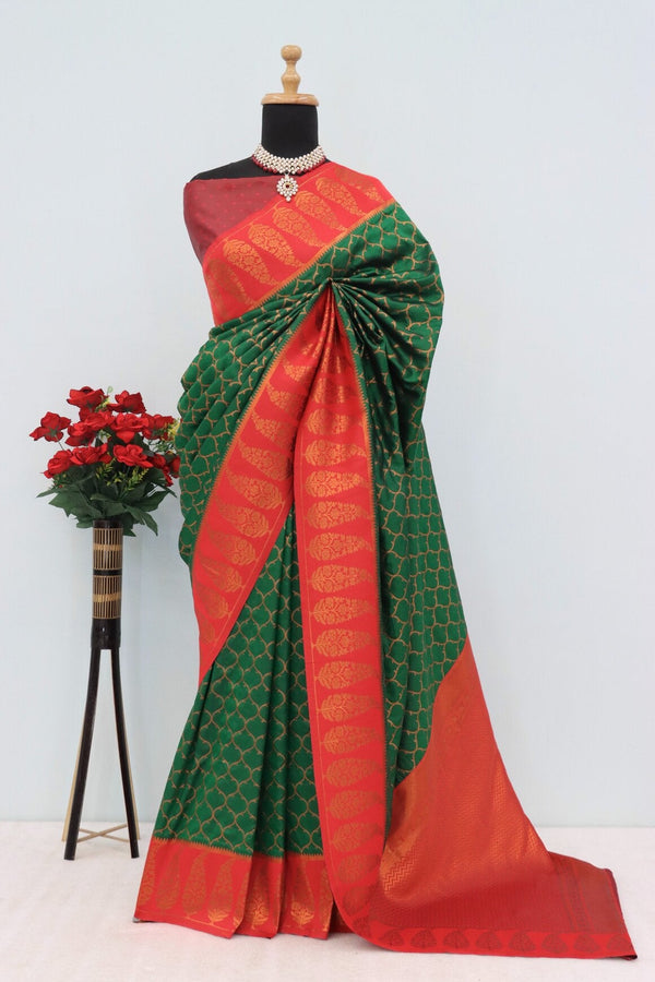 Lovely Dark Green Soft Banarasi Silk Saree With Unique Blouse Piece