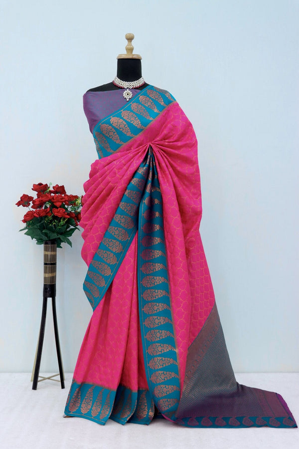 Designer Dark Pink Soft Banarasi Silk Saree With Engrossing Blouse Piece