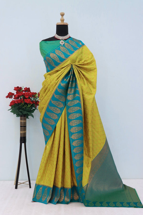 Exceptional Mustard Soft Banarasi Silk Saree With Twirling Blouse Piece