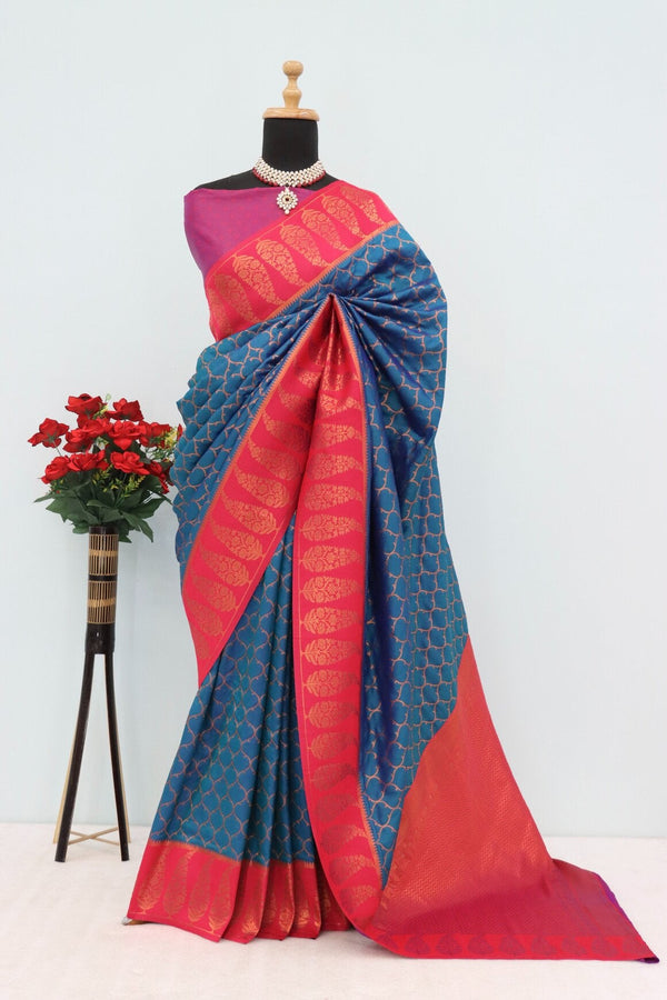 Adoring Navy Blue Soft Banarasi Silk Saree With Brood Blouse Piece