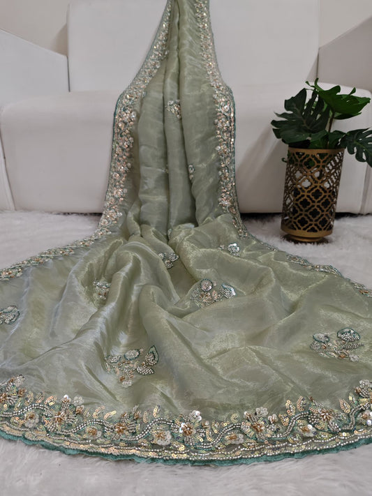 Soft Organza Saree With Heavy Sequin & Beads Work Border