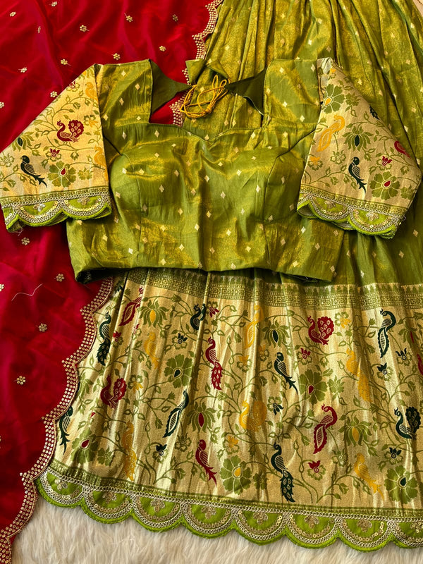 Lehenga Choli with Peacock & Floral Weaving + Heavy Dupatta