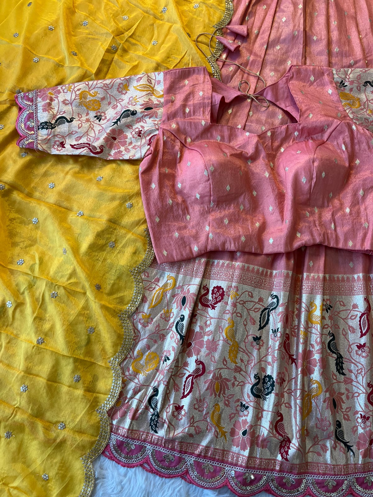 Lehenga Choli with Peacock & Floral Weaving + Heavy Dupatta