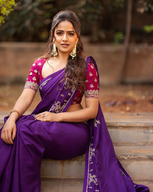 Soft Natural Viscose Chinnon Saree With Heavy Embroidery Sequence