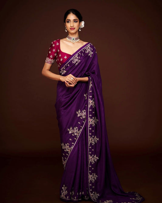 Soft Natural Viscose Chinnon Saree With Heavy Embroidery Sequence
