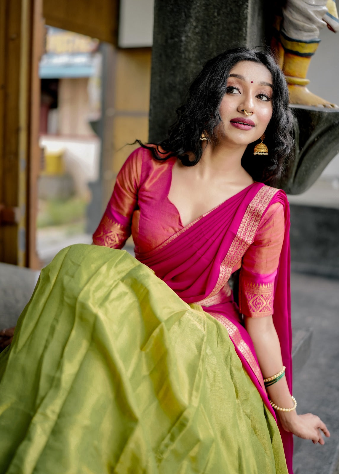 Rani Pink & Olive Green Traditional Lehenga