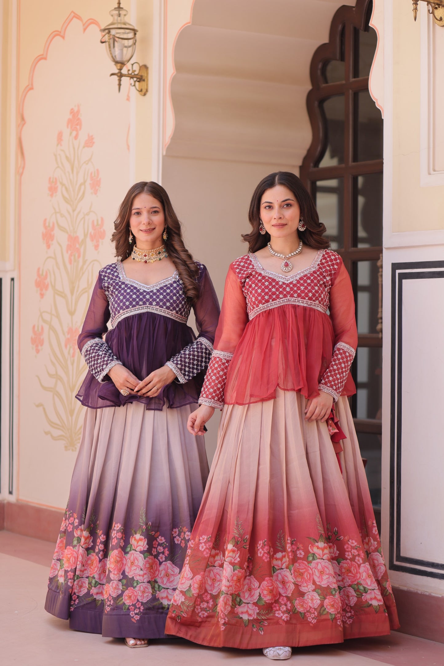 Handcrafted Floral Ombre Lehengas with Sheer Peplum Blouse