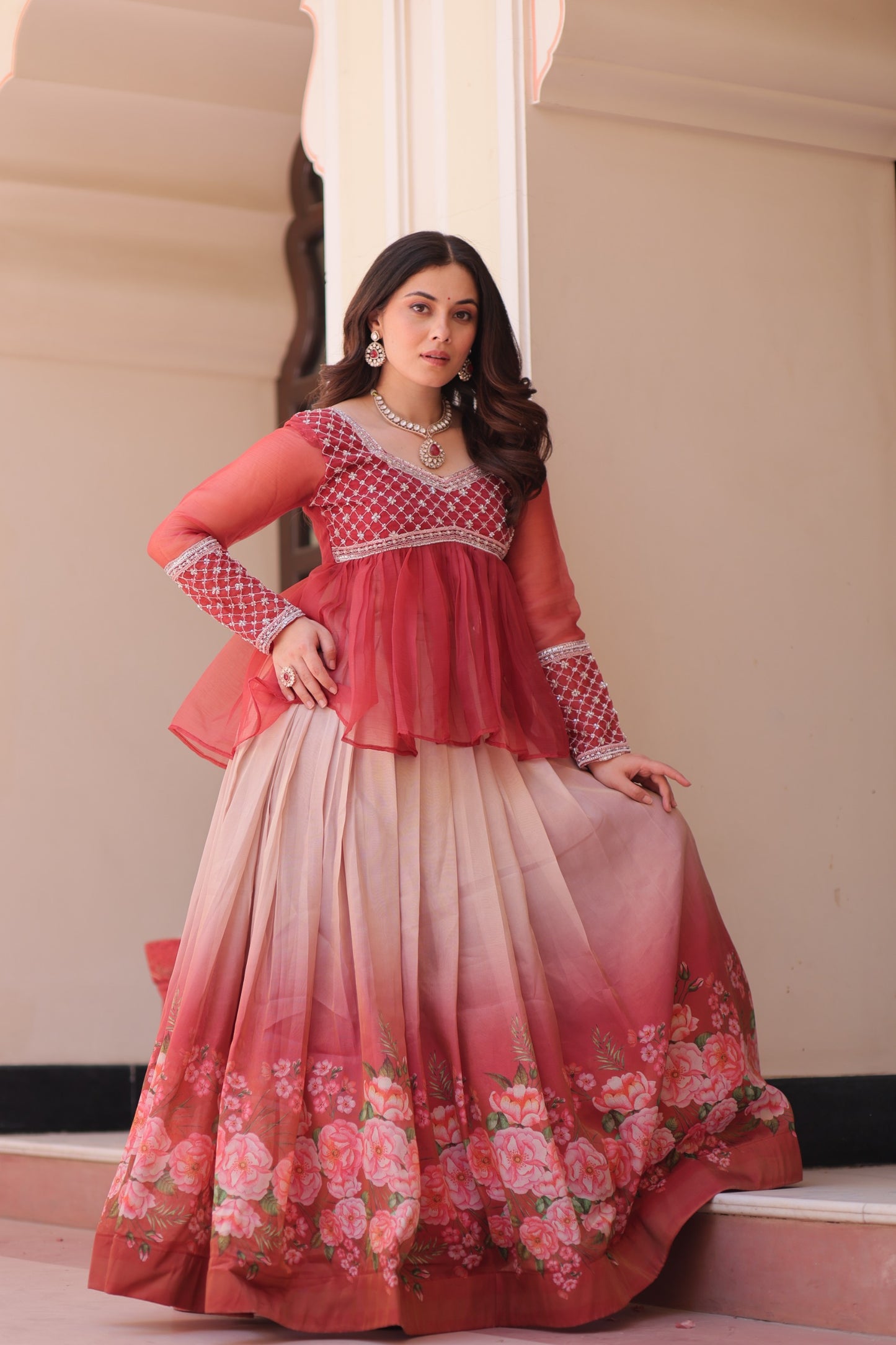 Handcrafted Floral Ombre Lehengas with Sheer Peplum Blouse