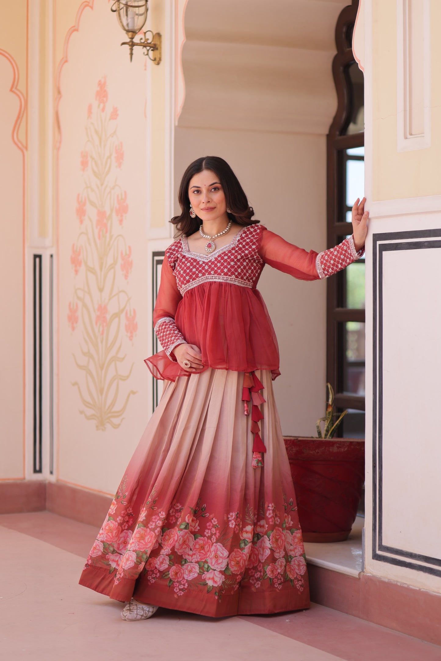 Handcrafted Floral Ombre Lehengas with Sheer Peplum Blouse