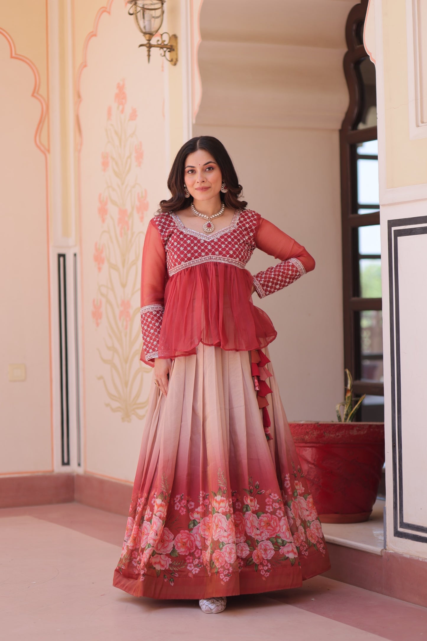 Handcrafted Floral Ombre Lehengas with Sheer Peplum Blouse