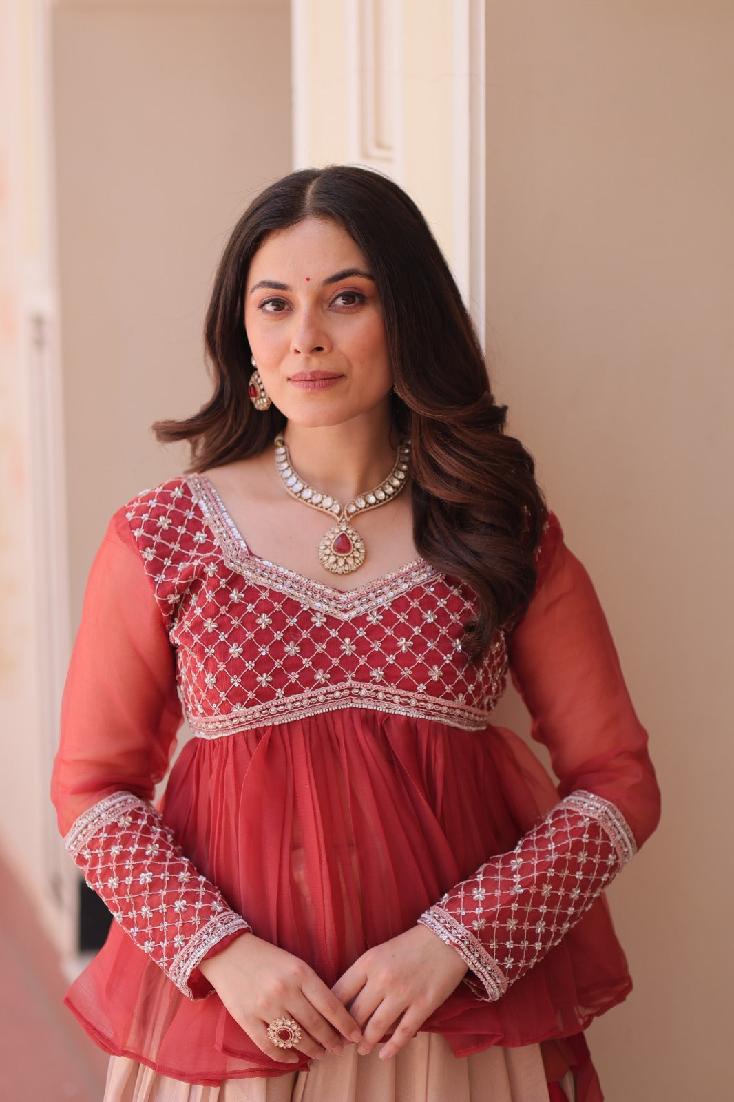 Handcrafted Floral Ombre Lehengas with Sheer Peplum Blouse
