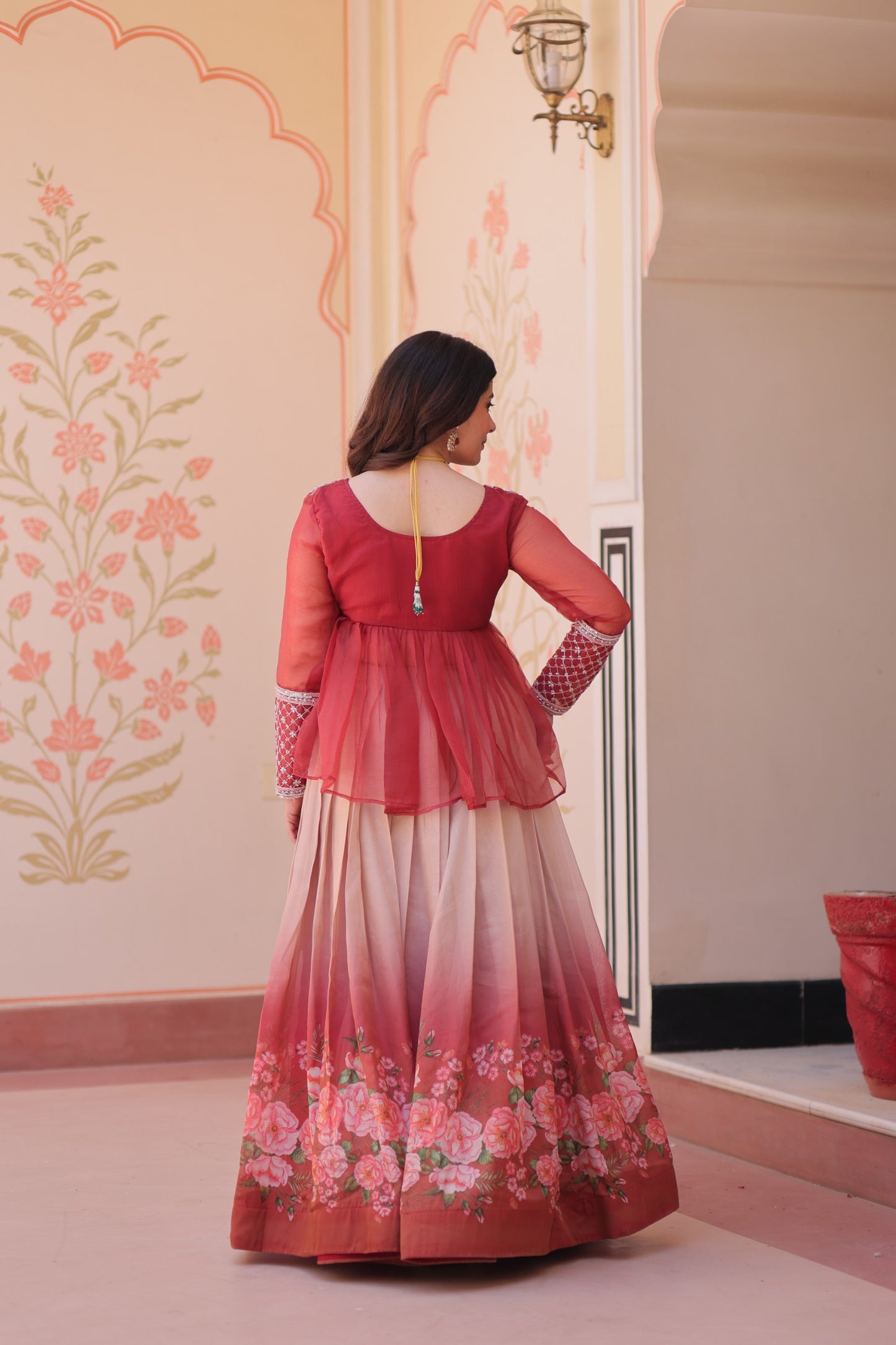 Handcrafted Floral Ombre Lehengas with Sheer Peplum Blouse