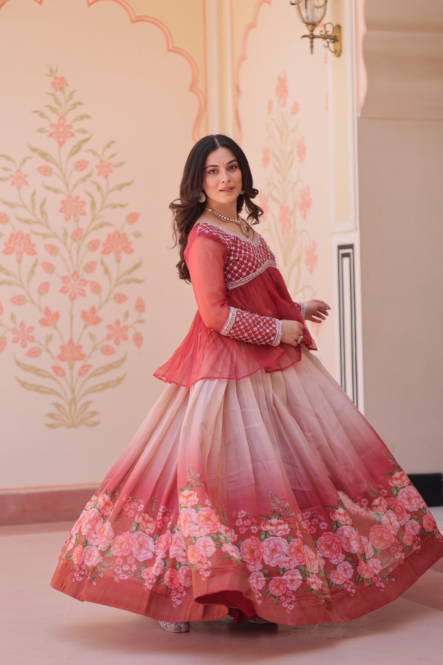 Handcrafted Floral Ombre Lehengas with Sheer Peplum Blouse