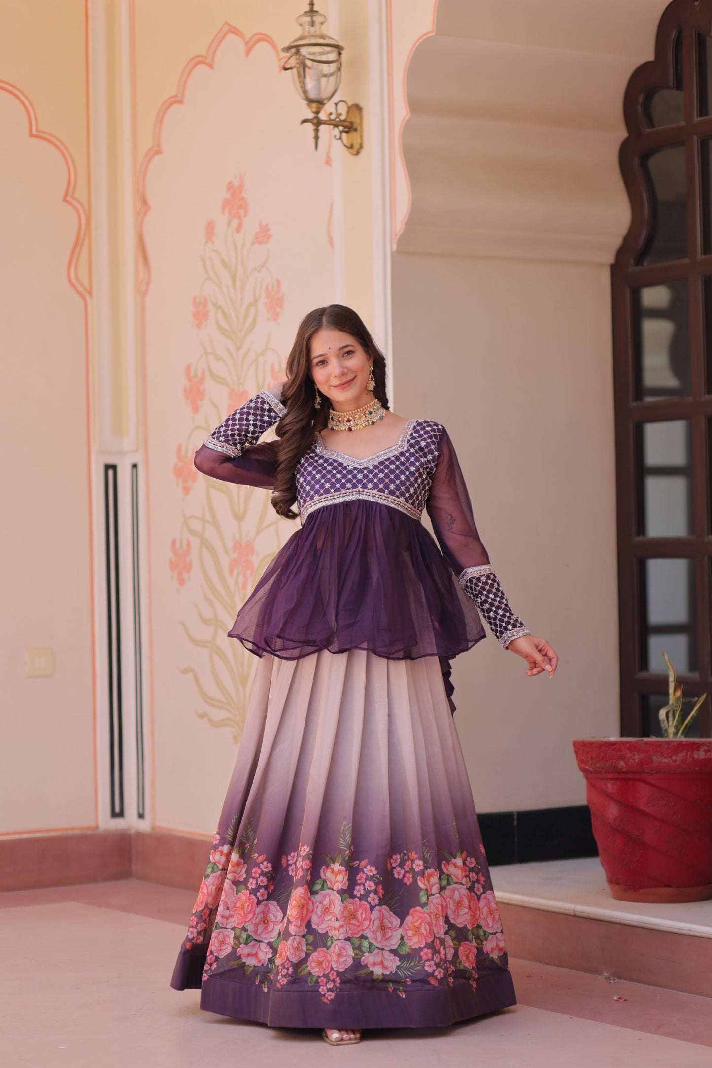 Handcrafted Floral Ombre Lehengas with Sheer Peplum Blouse
