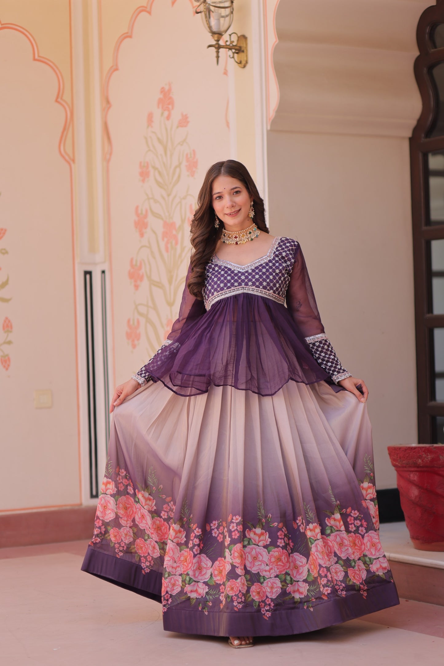 Handcrafted Floral Ombre Lehengas with Sheer Peplum Blouse