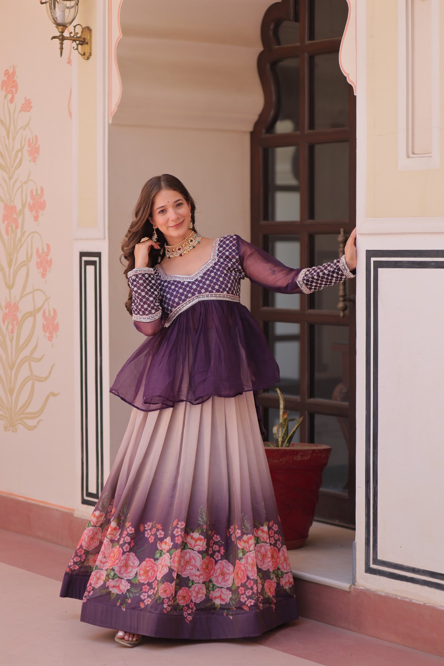 Handcrafted Floral Ombre Lehengas with Sheer Peplum Blouse