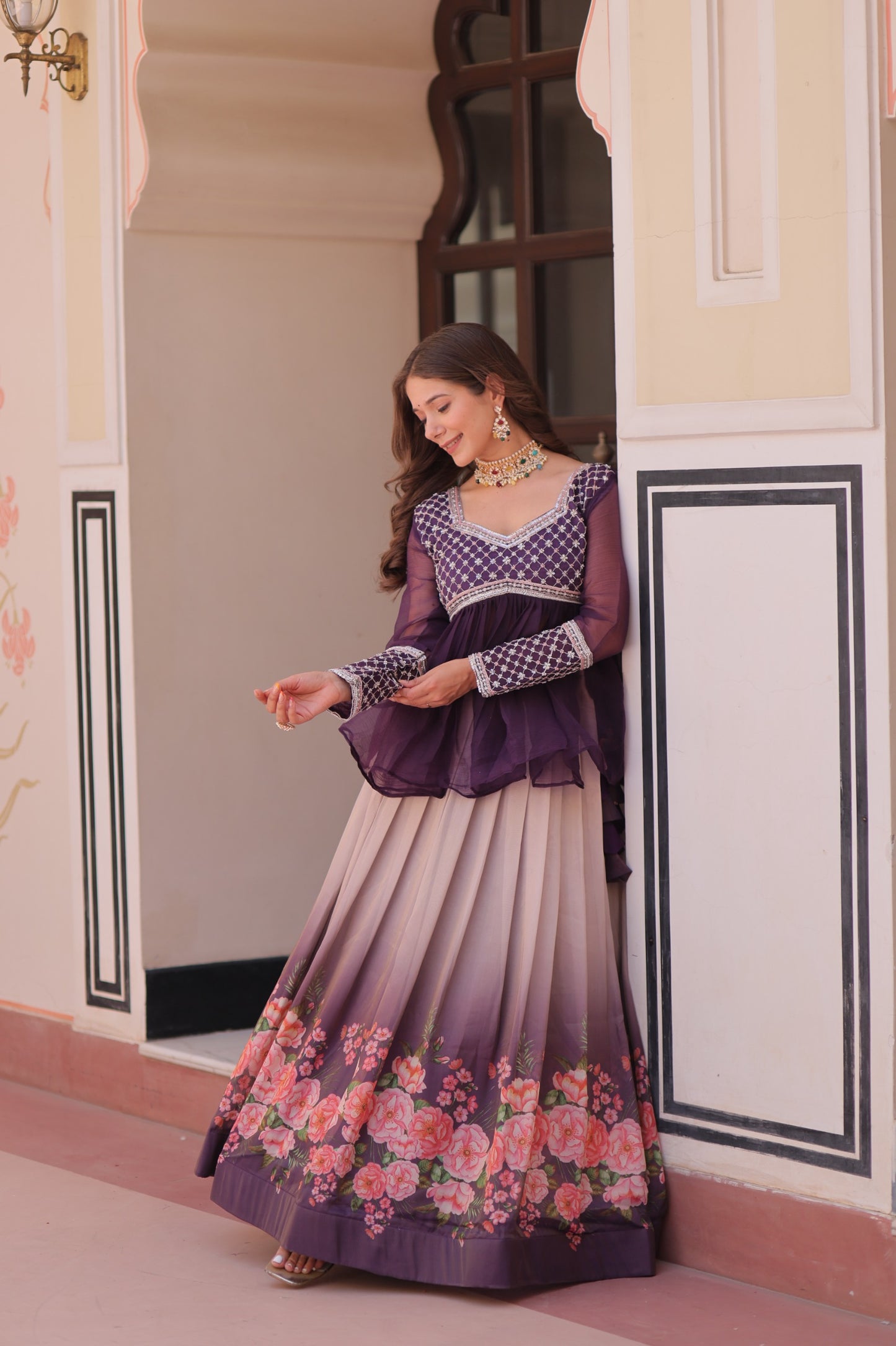 Handcrafted Floral Ombre Lehengas with Sheer Peplum Blouse