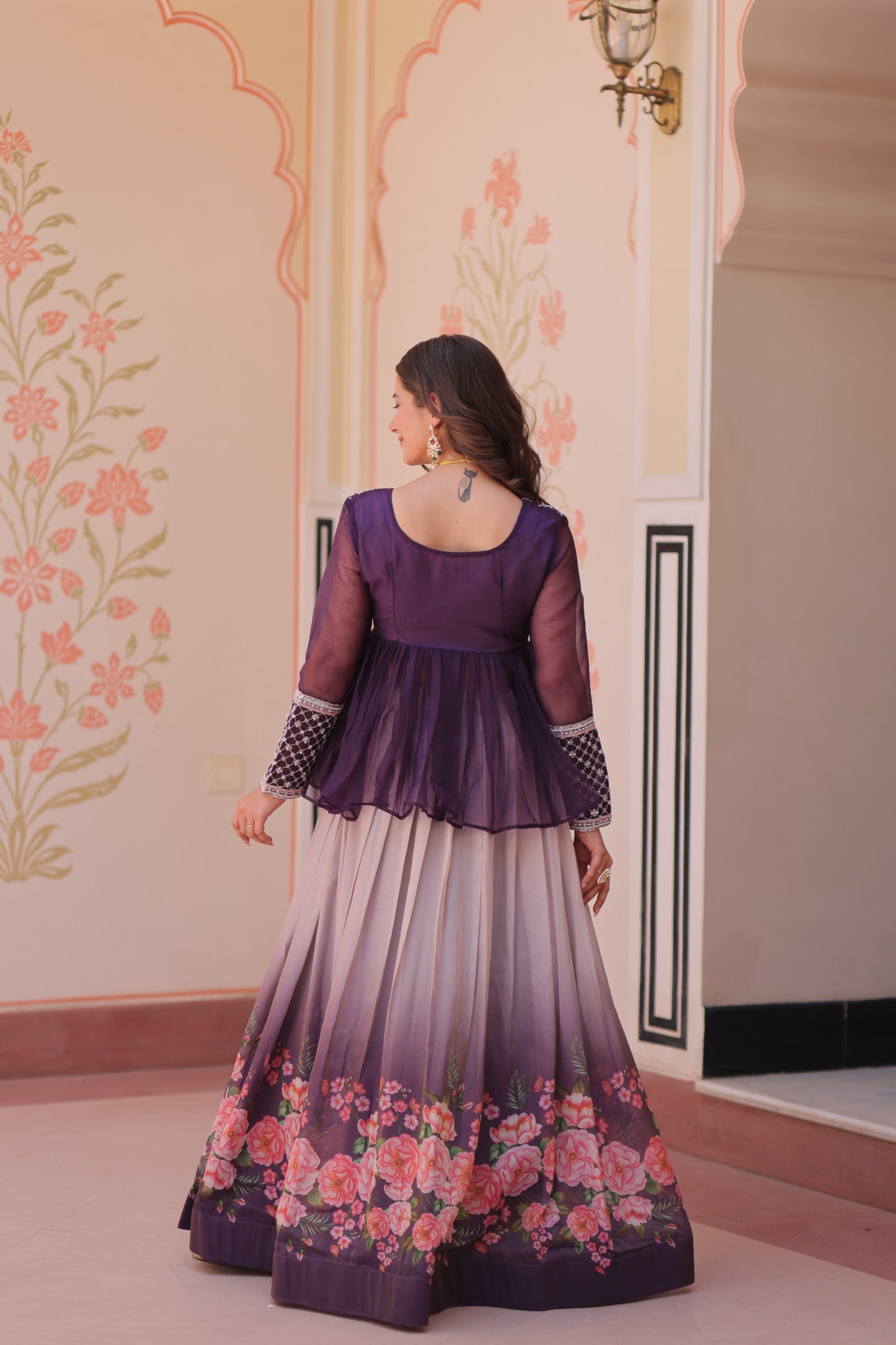 Handcrafted Floral Ombre Lehengas with Sheer Peplum Blouse