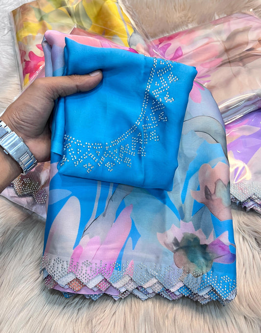 Pure Maheshwari Silk With Cut Work &amp; Diamond