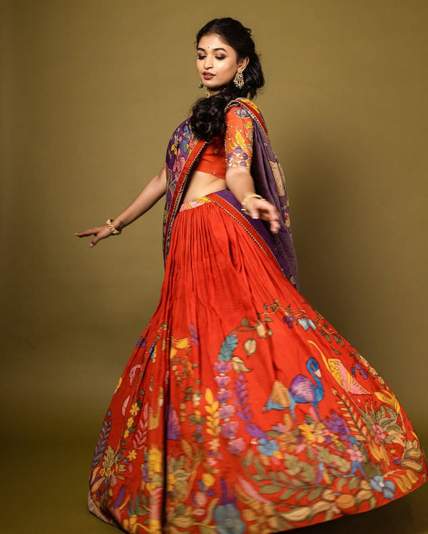 “Elegant Kalamkari Tussar Silk Choli, Lehenga & Dupatta Set
